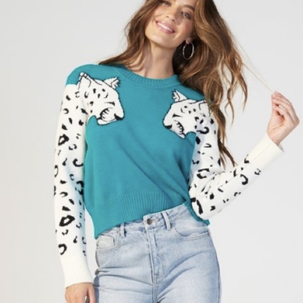 MINKPINK Ultra Soft Teal and Cream Leopard Sweater